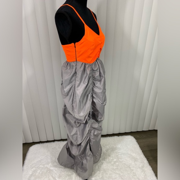 LUSIFER x MO&CO Ruched Nylon Parachute Maxi Dress Gray Neon Orange Size Small - Picture 8 of 16